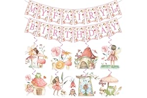 COCOMIGO NO-DIY My Fairy First Birthday Decorations Banner Hanging Swirls, Fairy Birthday Decorations, Flower Fairy Themed Birthday Party Decorations Includes 1 Banner 16 Hanging Swirls for Girls Baby Shower