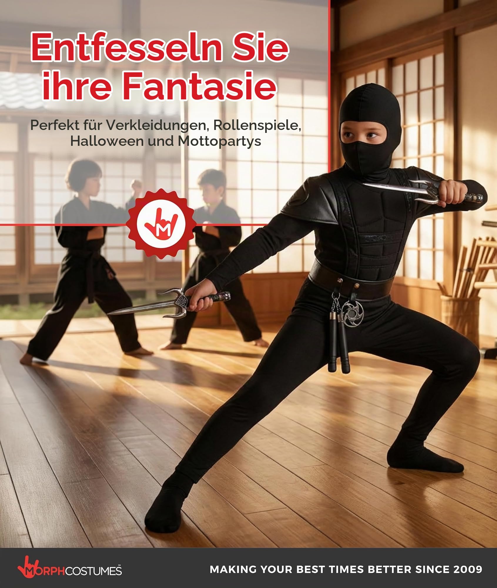 Morph Ninja Kostüm Kinder Jungen und Mädchen, Ninja Anzug Schwarz, Faschingskostüme Kinder Junge, Karneval Kostüm Kind, 4-6 Jahre 6