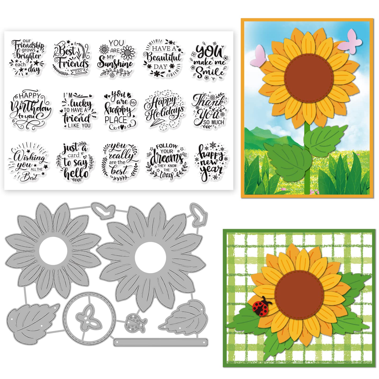 ORIGACH Sunflower Sentiments Words Clear Stamp and Sunflower Cutting Dies Set for DIY Scrapbooking Album Decorative Card Making
