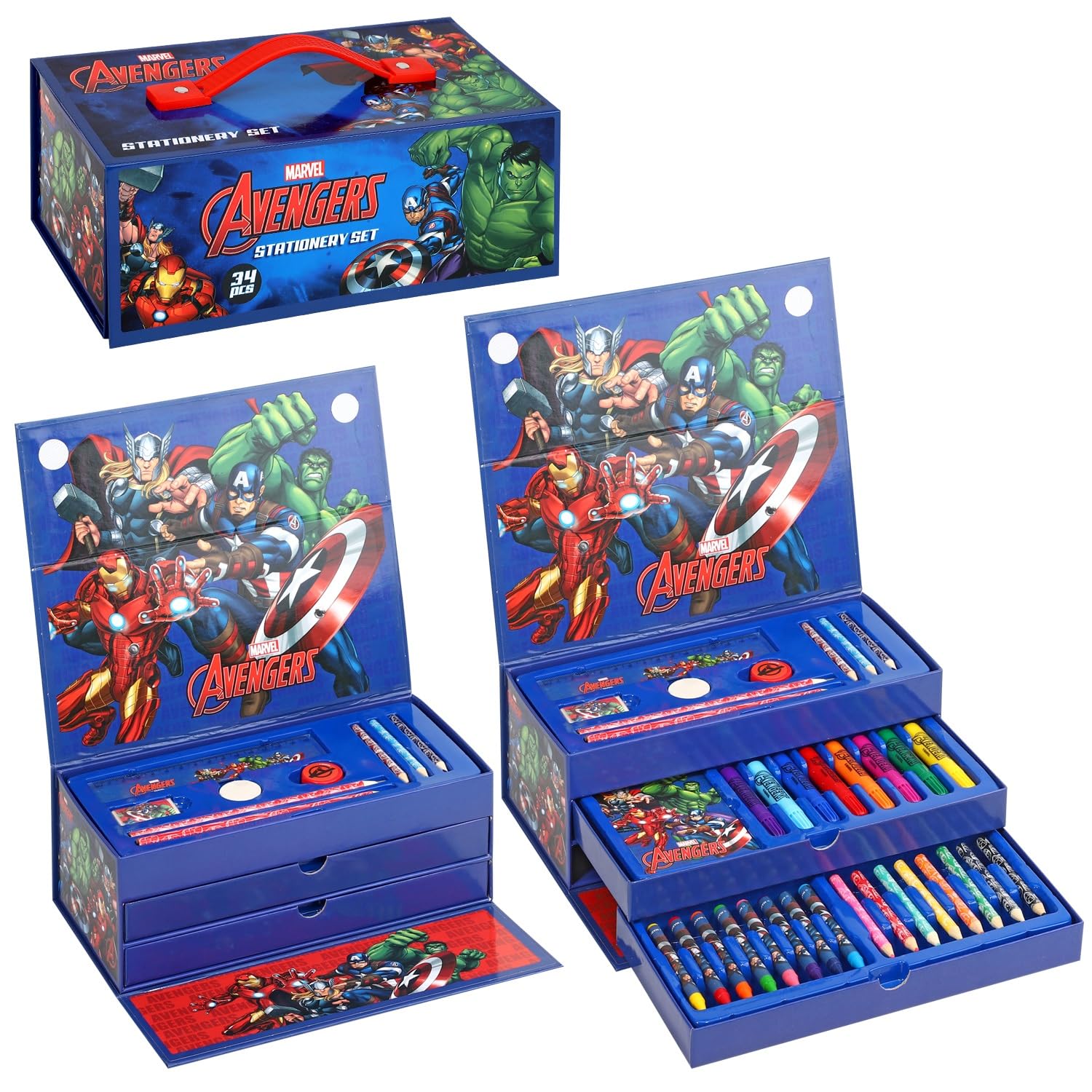 CERDÁ LIFE'S LITTLE MOMENTS Avengers Kids 34pc Colouring Art Stationery Set with Watercolour Felt Tip Pens Crayons and Pencils Travel Set for Children