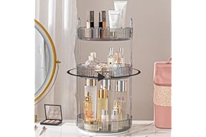 shuang qing Rotating Makeup Organizer for Vanity 3 Tier, High-Capacity Skincare Clear Make Up Storage Perfume Organizers Cosmetic Dresser Organizer Countertop 360 Spinning （Grey）