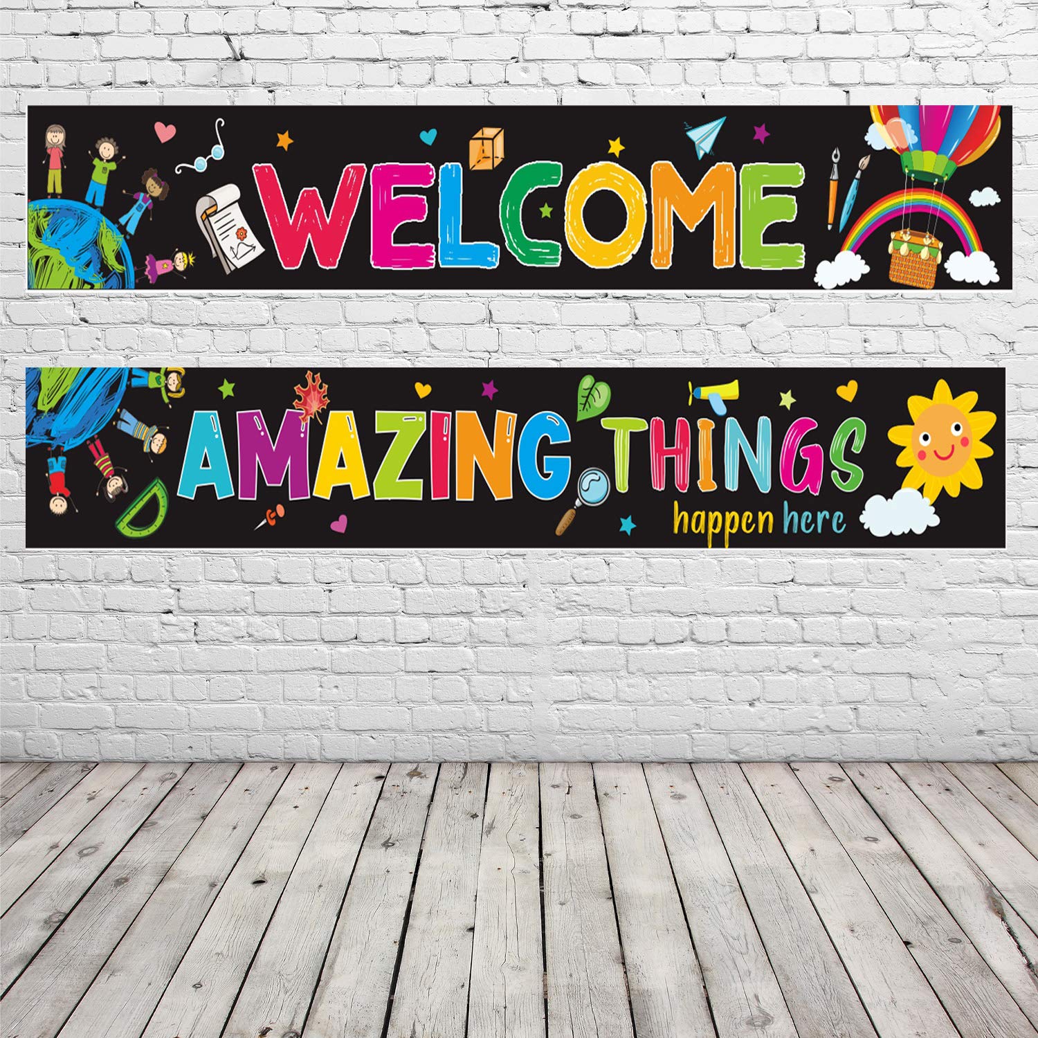 Photo 1 of 2 Pack Classroom Welcome Banner Poster Back to School Backdrop Decoration Amazing Things Happen Here Inspirational Background Teacher Student Educational Classroom Bulletin Board Decor(40 Glue Points)