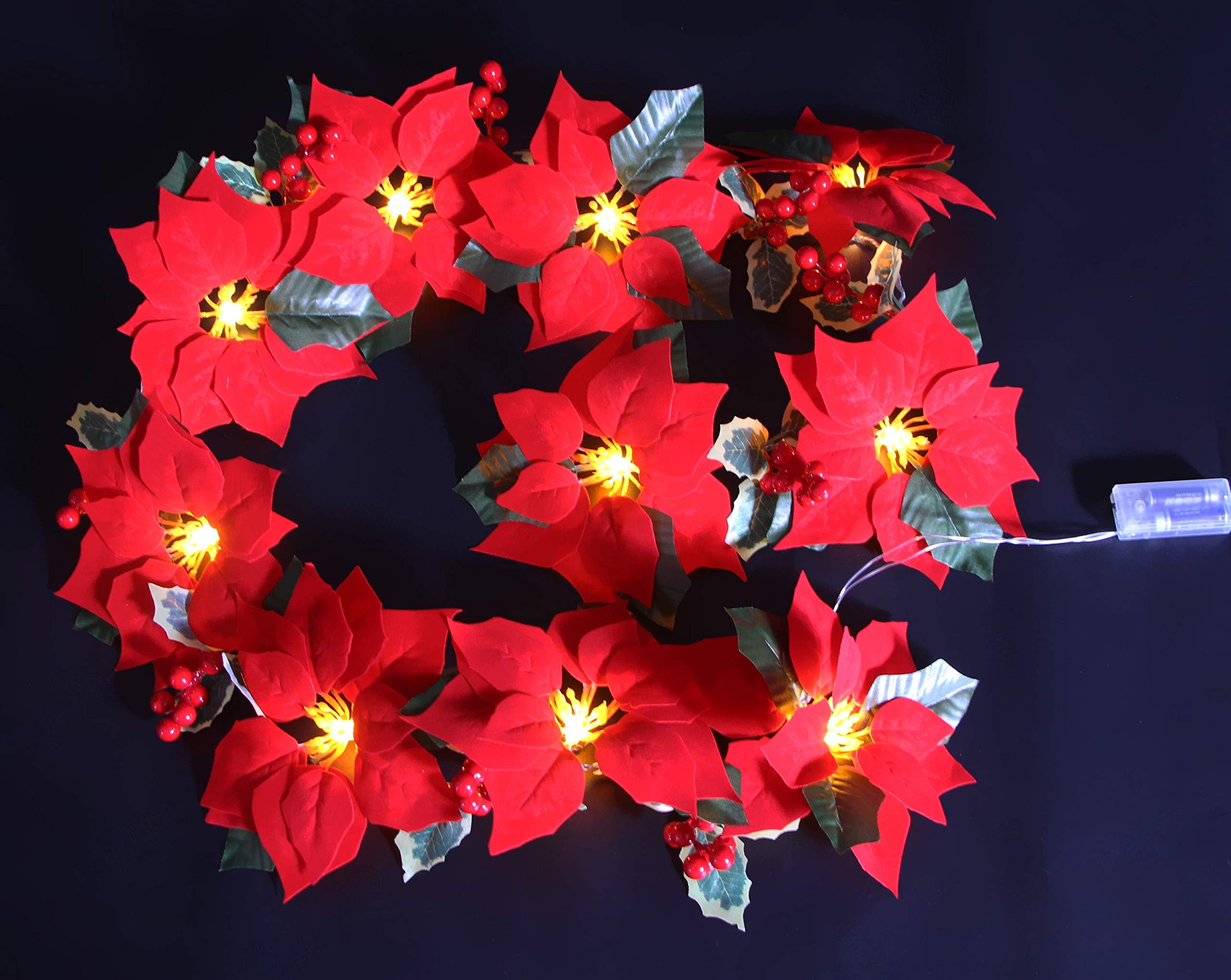 FANStek 2AA Battery LED Lighted Red Poinsettia Garland with Holly Leaves Berries,6 Feet,Perfect Holiday and Christmas Decoration