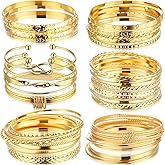 Liliaafar 50 Pcs Valentine's Gold Bangle Bracelets for Women 6 Sets Gold Plated Multi Stackable Bracelet Jewelry Boho Gift for Women(Gold-1)