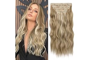 WECAN Clip in Hair Extension 20 Inch Ash Blonde Mix Bleach Blonde 6PCS Long Wavy Curly Hairpieces for Women Natural Thick Synthetic Fiber Double Weft Hair Full Head