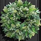 Rimalo 24 Inch Green Wreath for Front Door - Artificial Greenery Wreath with Berries, Indoor Outdoor All Season Year Eucalyptus Wreath for Farmhouse Home Decor, Spring Summer Fall Winter