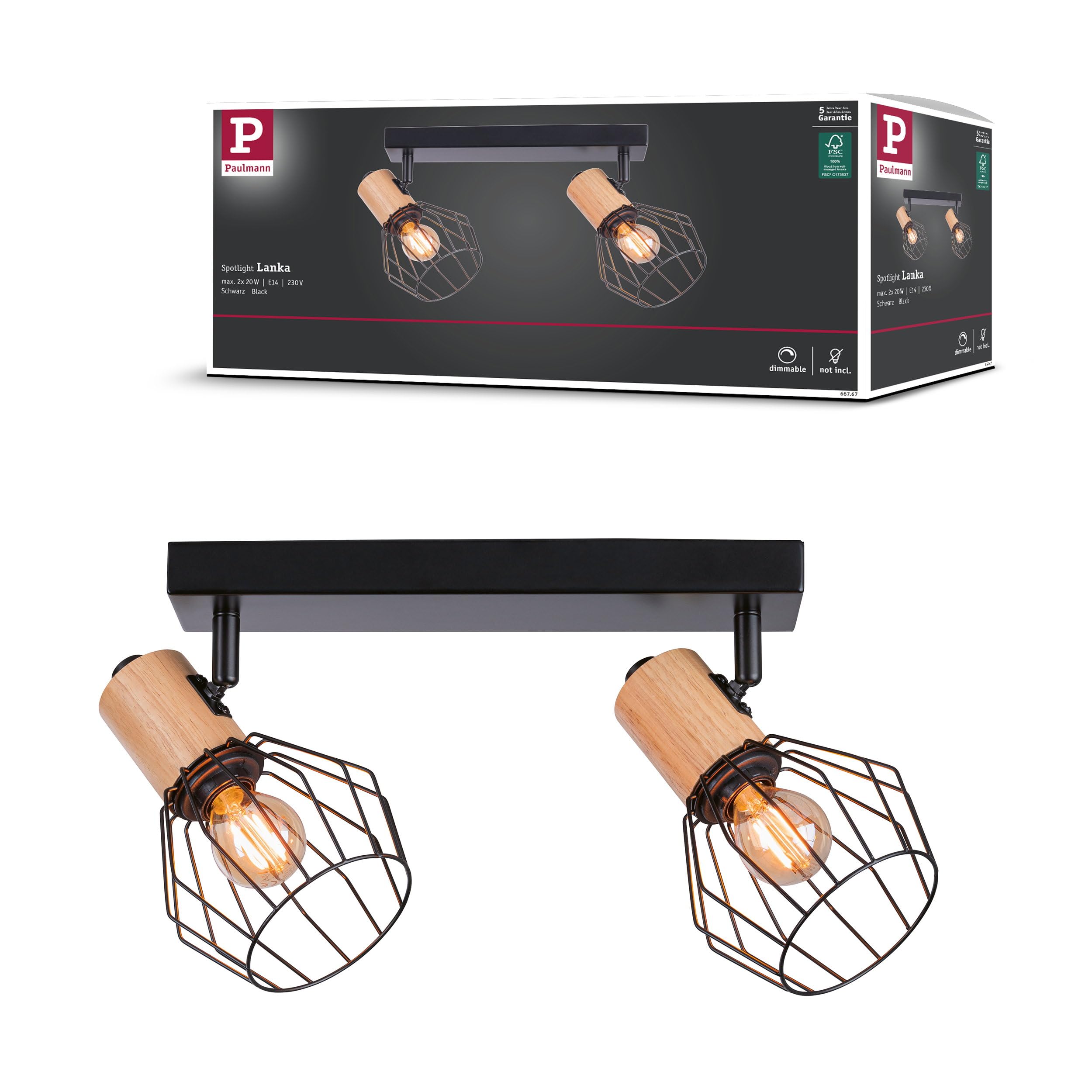 Paulmann Lanke 66767 Spotlight 2-Bulb Maximum 2X 20 Watt Ceiling Light Black/Wood Metal E14 โ image 1
