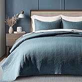 EVERGRACEHOME Cotton Sateen Quilt Set Queen Size, Pre-Washed Cotton Channel Stitch Coverlet Bedspread, 3 Pieces Lightweight Soft Bedding Sets for All Season, with 2 Pillow Shams, Sonoma Blue