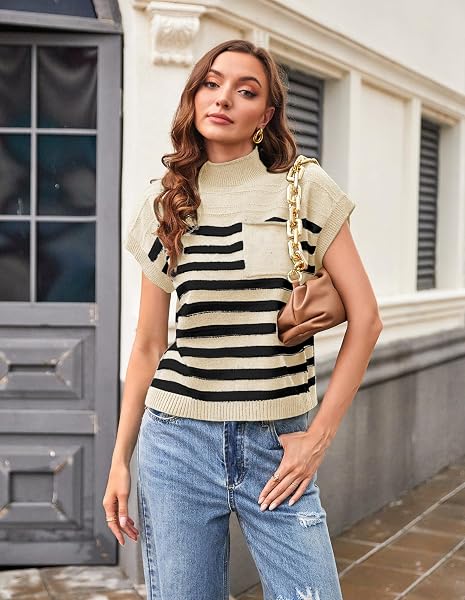GRACE KARIN WOMEN’S STRIPED SWEATER VEST SLEEVELESS MOCK NECK CAP SLEEVE KNIT SWEATER TOPS BUSINESS CASUAL OUTFITS APRICOT BLACK L