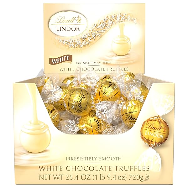 LINDT LINDOR WHITE CHOCOLATE CANDY TRUFFLES, WHITE CHOCOLATE CANDY WITH SMOOTH, MELTING TRUFFLE CENTER, 25.4 OZ., 60 COUNT