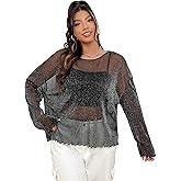 SweatyRocks Women's Plus Size Glitter Lettuce Trim Sheer Mesh Top Long Sleeve Drop Shoulder Loose Tee Shirts