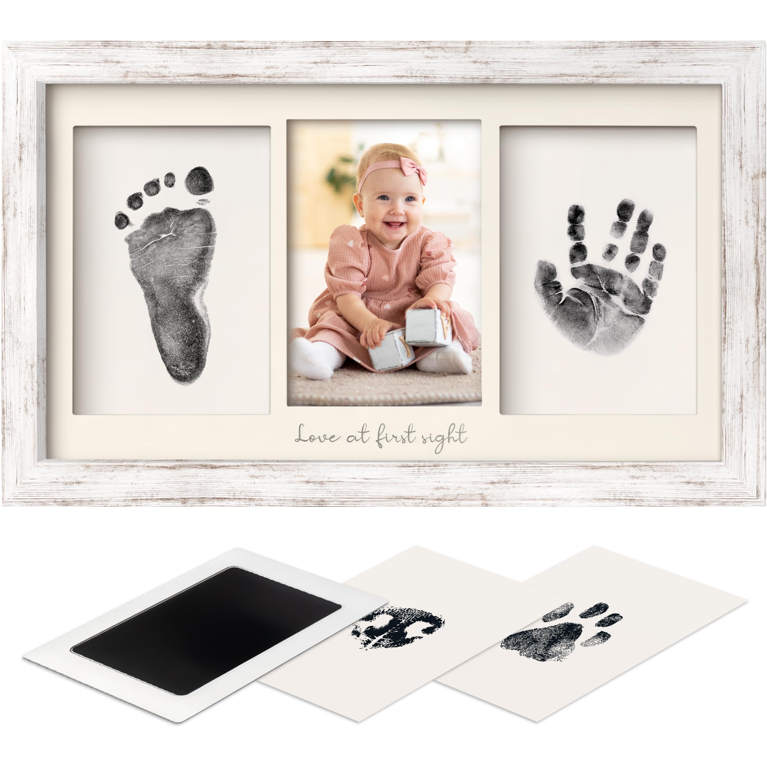 Photo 1 of Inkless Baby Hand and Footprint Kit Boy, Girl - No Mess Ink Pad for Handprint, Clean Touch Dog Paw Print Kit, Personalized Baby Shower Gifts, Nursery Newborn Keepsake Frame (Vintage White)