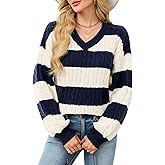 ZAFUL Womens Long Sleeve V Neck Sweater 2025 Cute Soft Striped Jumper Ribbed Knit Pullover Casual Clothes Winter Tops