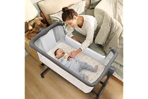 LI'L PENGYU Li’l Pengyu Baby Bassinet Bedside Sleeper - Adjustable Crib All Mesh for Newborn Girl and Boy Infant Bed with Wheels (Gray)