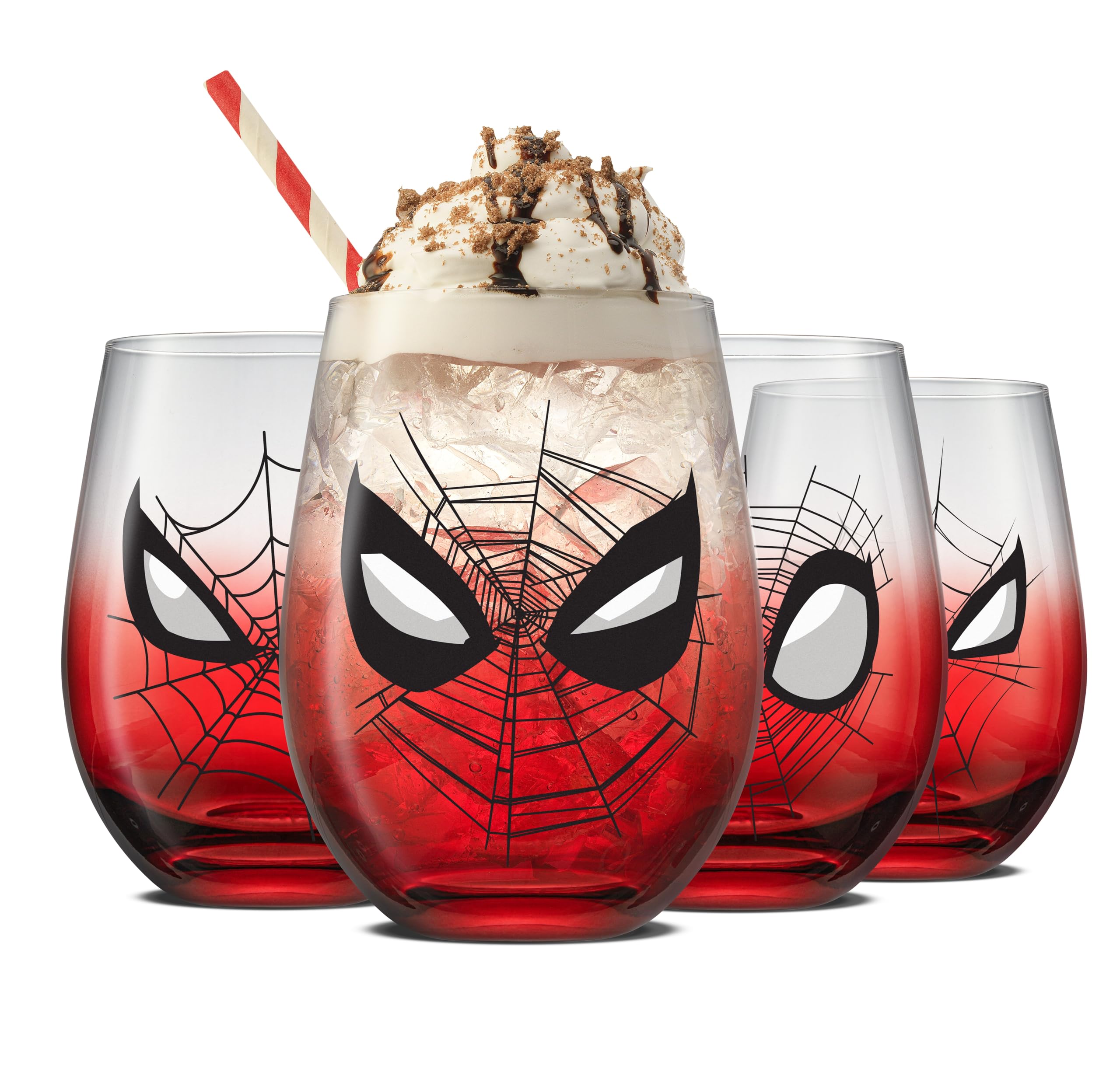 JoyJolt Marvel Spider-Man Spidey-Sense Stemless Drinking Glasses, 19oz Superhero Glass Tumblers, Set of 4 Drink Glasses, Marvel Gifts for Men and Women Image