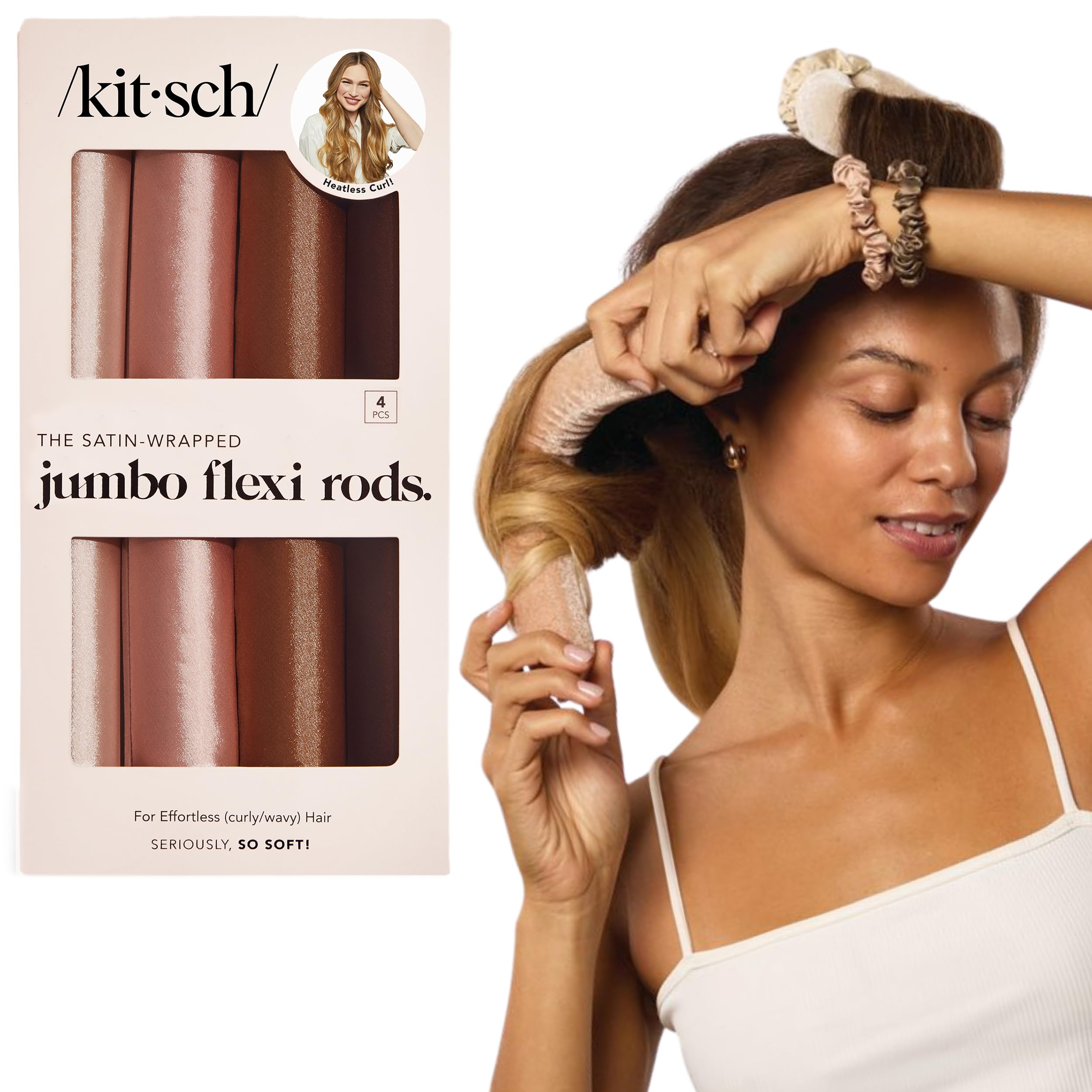 Photo 1 of Kitsch Satin Hair Curlers, Heatless Curling Rod - Jumbo Flexi Rod, Heatless Hair Curler - Hair Curlers to Sleep In - No Heat Overnight Curls - For All Hair Types and Texture - 4pcs Rosewood