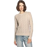 Minnie Rose Women's Long Sleeve Crewneck Cable Cotton Frayed Sweater