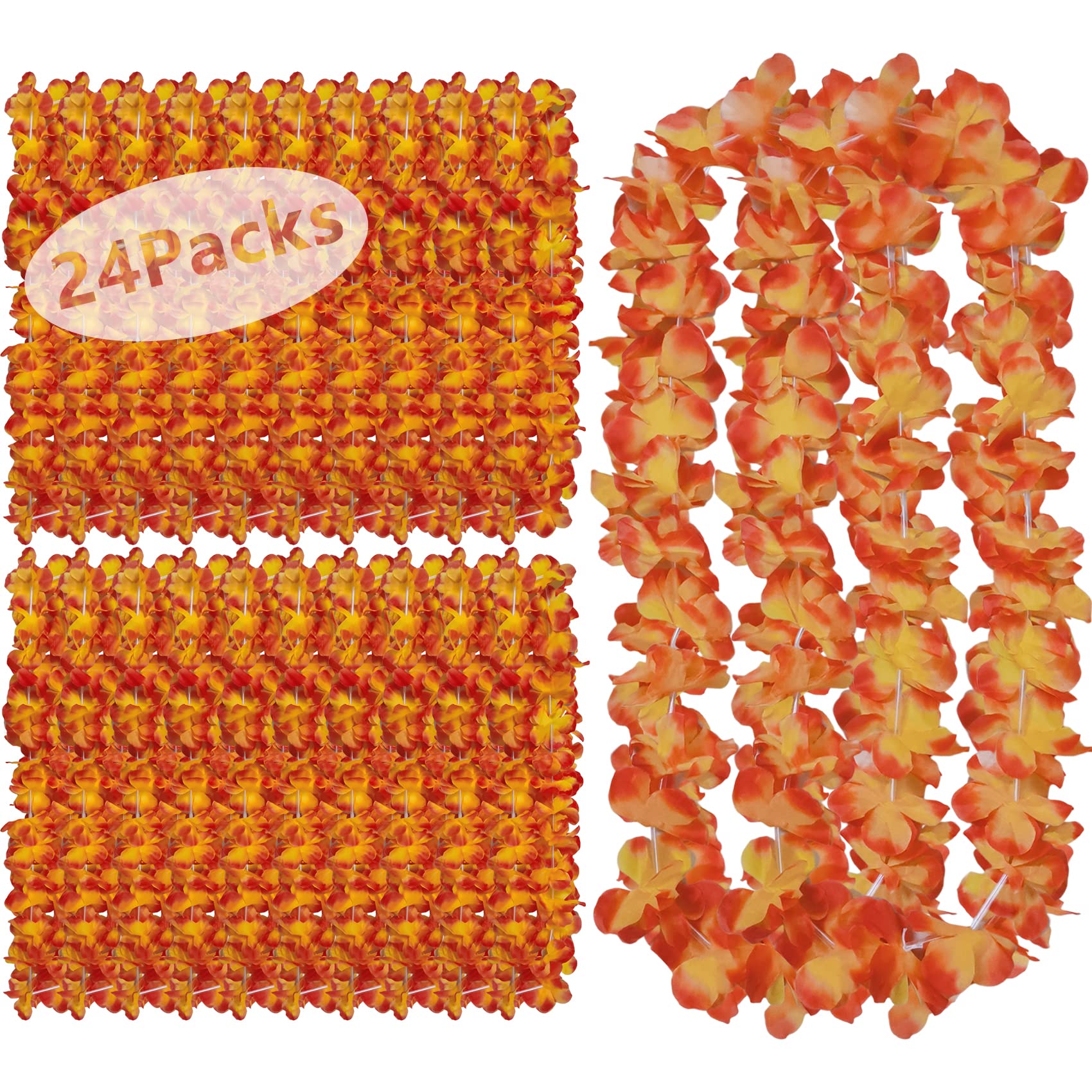 Photo 1 of 24Counts Thickened Hawaiian Leis Bulk, Tropical Orange Lays for Luau Party Graduation Leis Silk Flower Necklace Parade Costume, Hawaii Hula Dance Carnival Lei Summer Beach Wedding Floral Garland