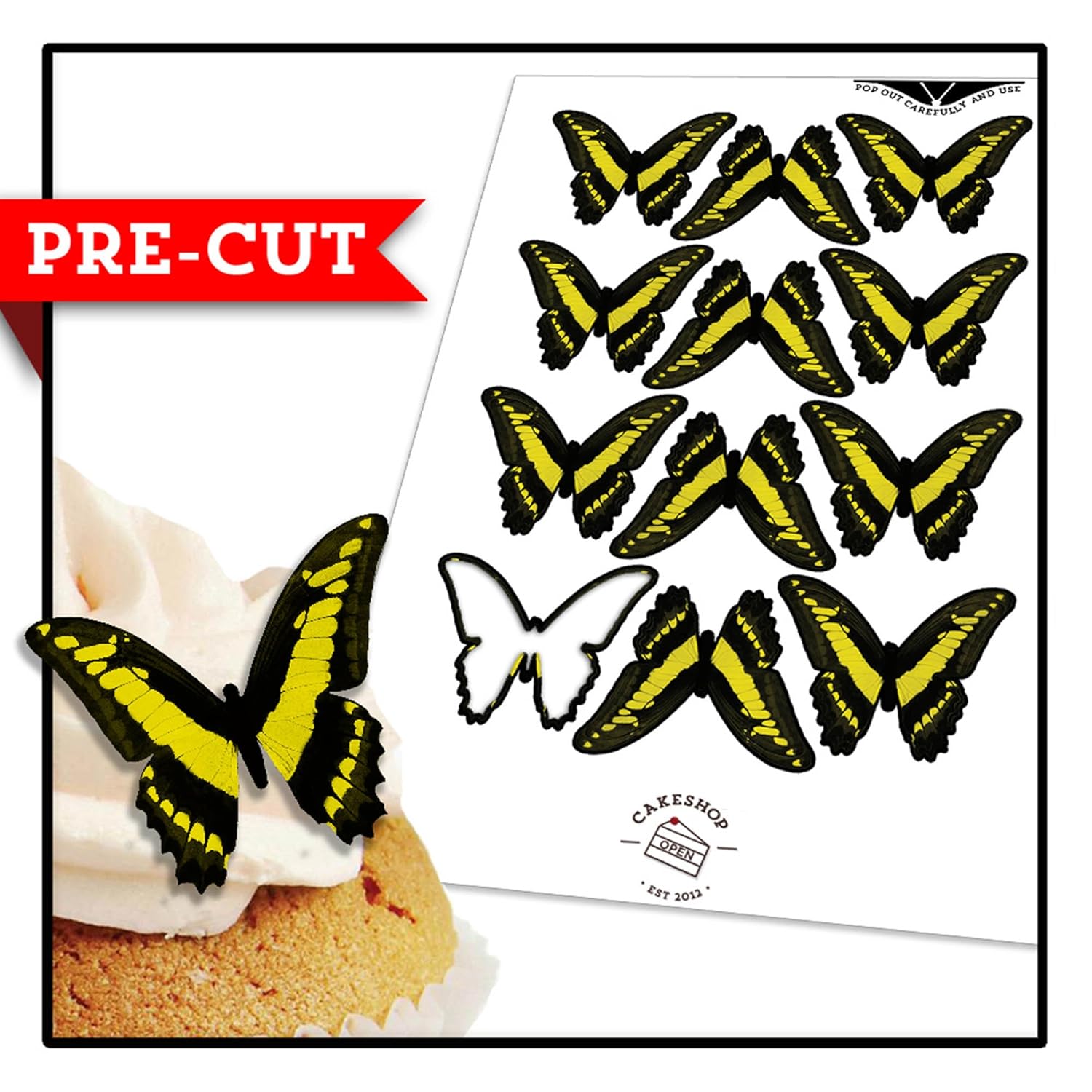 12 x PRECUT Yellow Edible Butterfly Cake Toppers