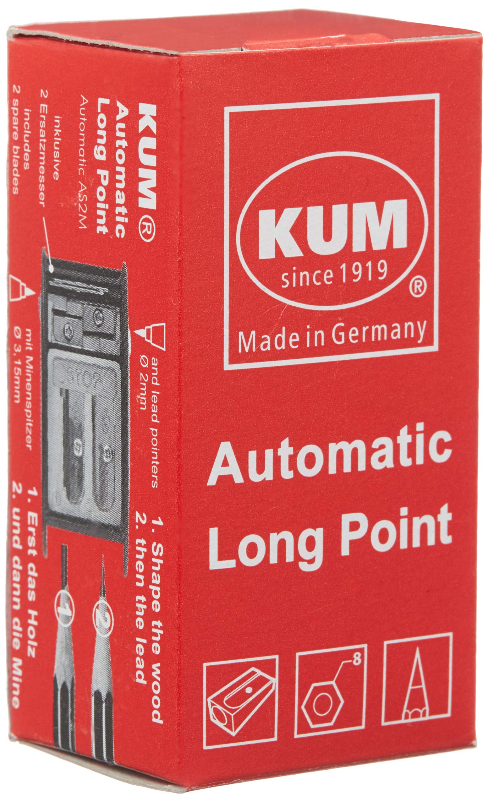 AS2M (1053121), Long Point Sharpener, sharpens in 2 steps; 2 spare blades includes. With lead pointers for 2 mm and 3.2 mm. BLUE only