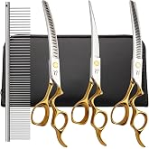 CITYWISH Dog Grooming Scissors-7" Dog Grooming Shears Set 4PCS Gold | Curved Chunkers Shears Dog Grooming with Safety Round Tips, Sharp and Comfortable 4 in 1 Dog Scissers for Grooming