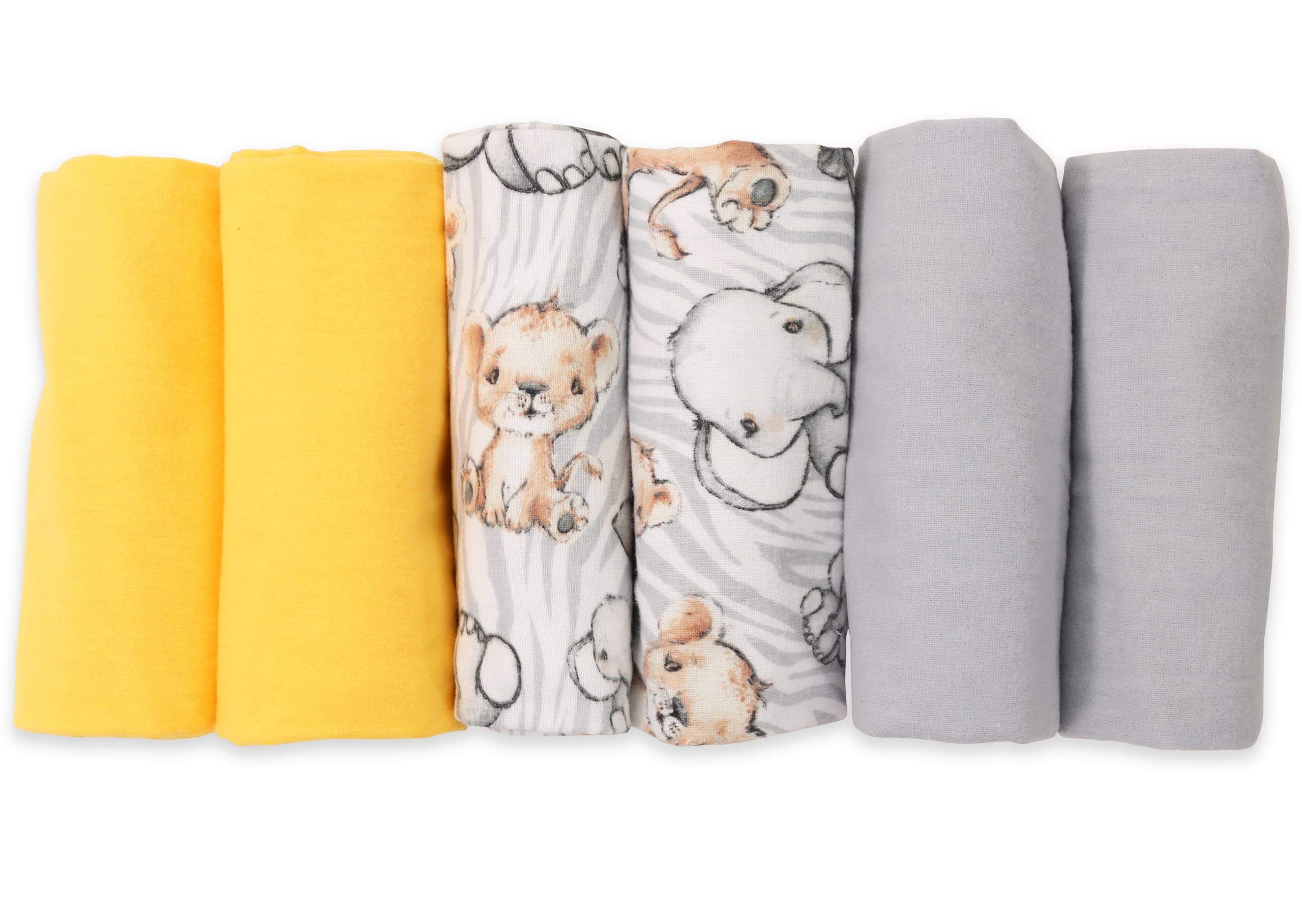 FENSILO Molleton Cloths, Pack of 6 Flannel Nappies Made of 100% Cotton, 80 x 80 cm, Molleton Nappies, Burp Cloths, Unisex Burp Cloths, Yellow Grey