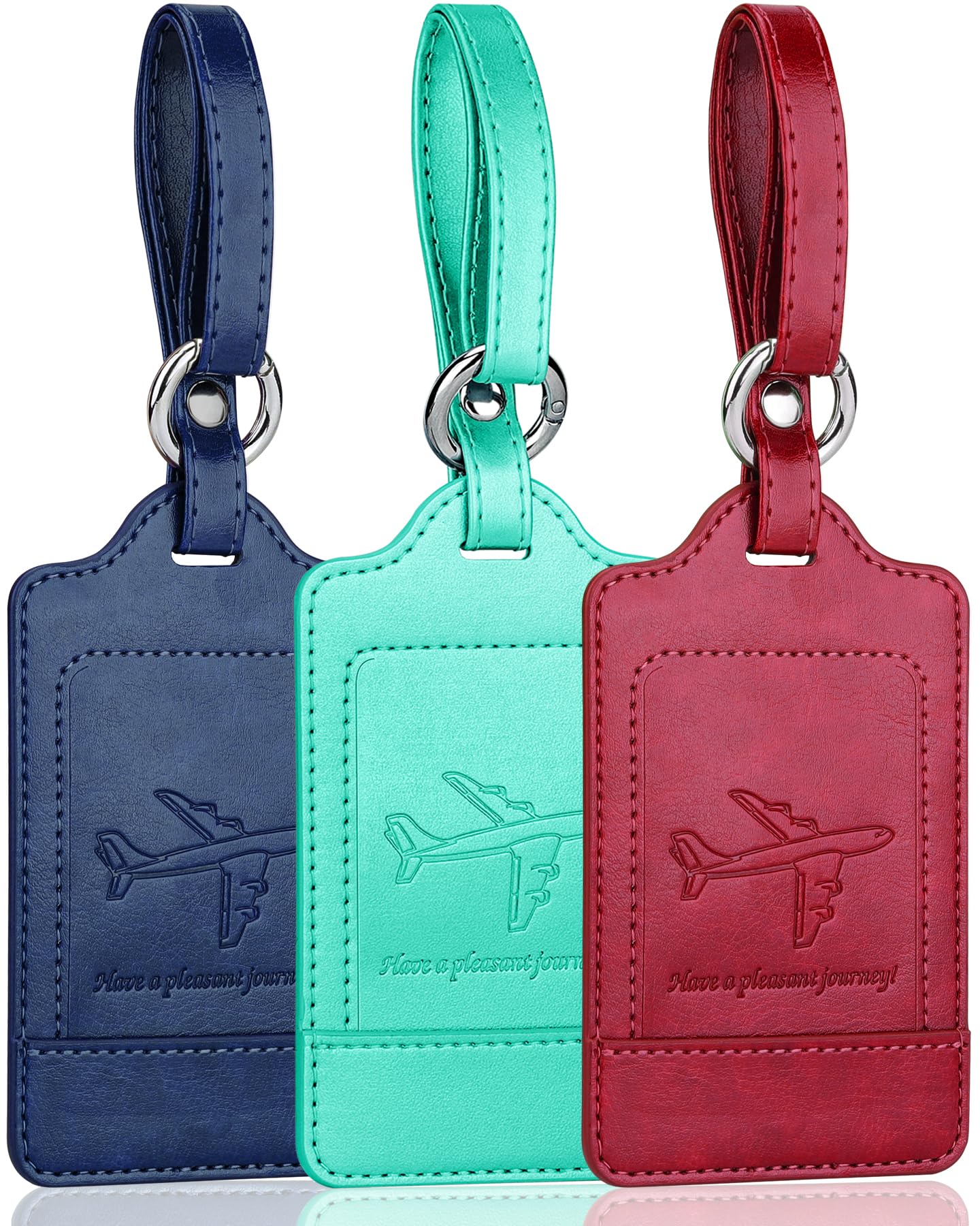 Teskyer Pack of 3 Luggage Tags, PU Leather Luggage Tags for Suitcases, Luggage Labels with Name ID Card, Noticeable, Durable, Travel Accessories, Cyan Blue Wine Red