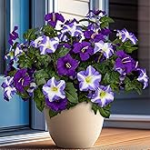 Brlita 19 Inch Artificial Fake Flowers for Outdoor,4 Pcs Purple Faux Silk Petunias Spring Flowers for Outside for Indoor Porch Planter Front Door Garden Patio Window Box Home Decor