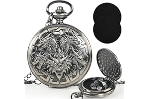 Kabinka DND Dice Set, 7pcs Mini Metal Dice with Pocket Watch Shell, Portable D&D with Necklace, Dungeons and Dragons Dice for RPG(Five-Headed Dragon, Ancient Silver)