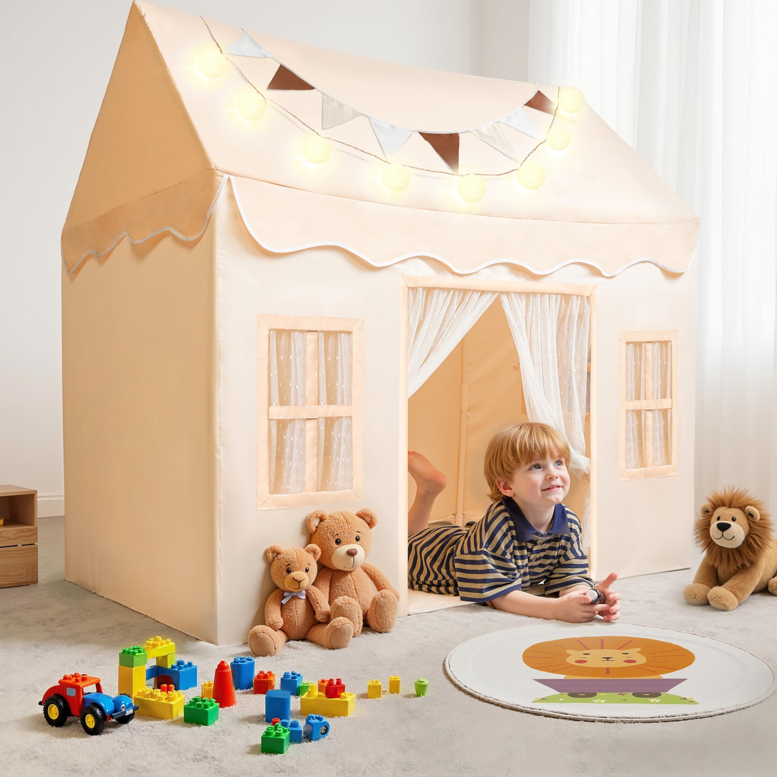 Photo 1 of SYNCFUN Play Tent for Kids,Indoor & Outdoor Tent with Blanket,LED Lights & Flags for Toddler,Spacious 51*35*52 Inch,Playhouse for Kids,Ideal Private Space for Reading & Play for Boys & Girls Age 3-7