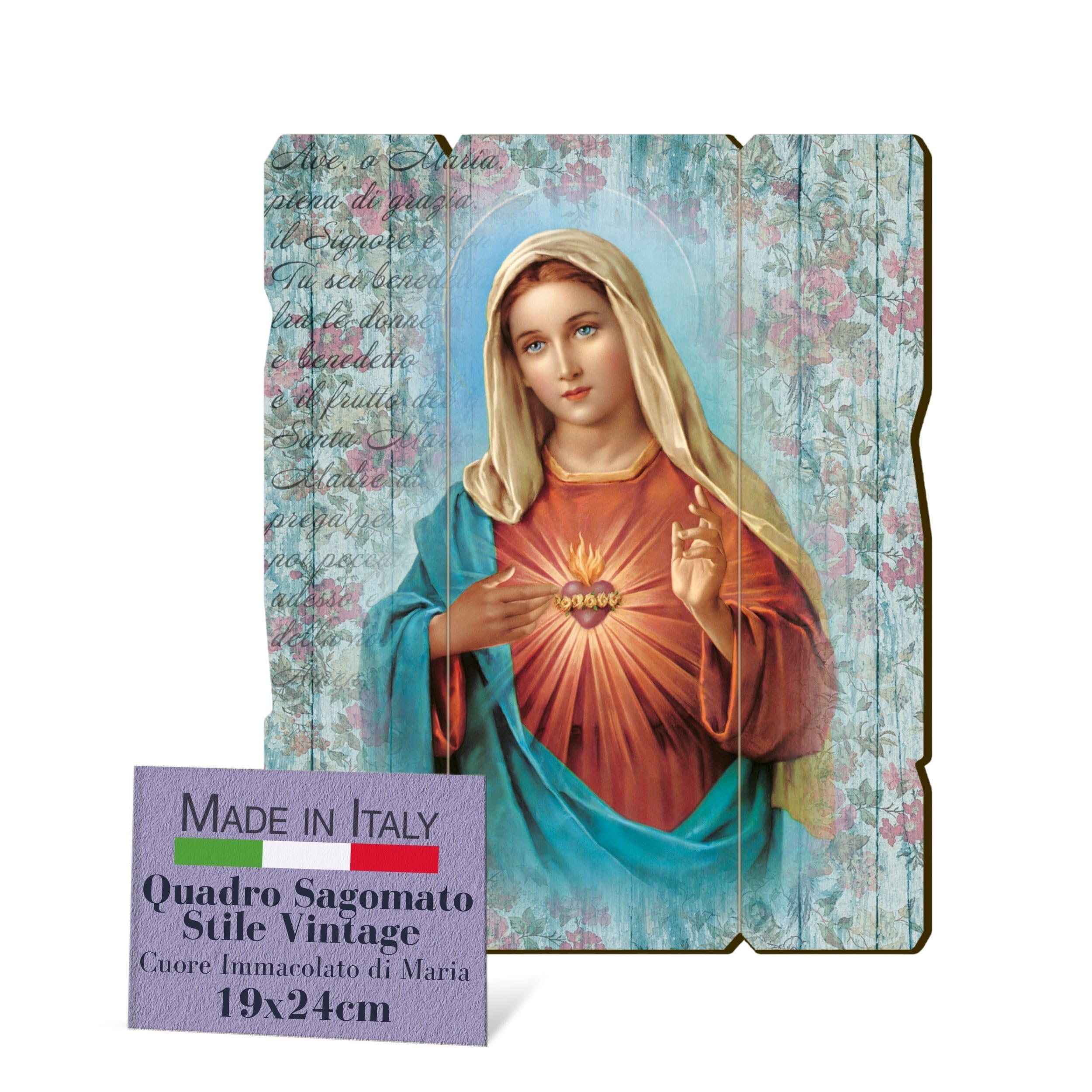 F.LLI BONELLA FRATELLI BONELLA - Vintage Shaped Immaculate Heart of Mary Picture - Poplar Wood Picture Thickness 8mm - Religious Bedroom Picture 19x24 cm - 100% Made in Italy