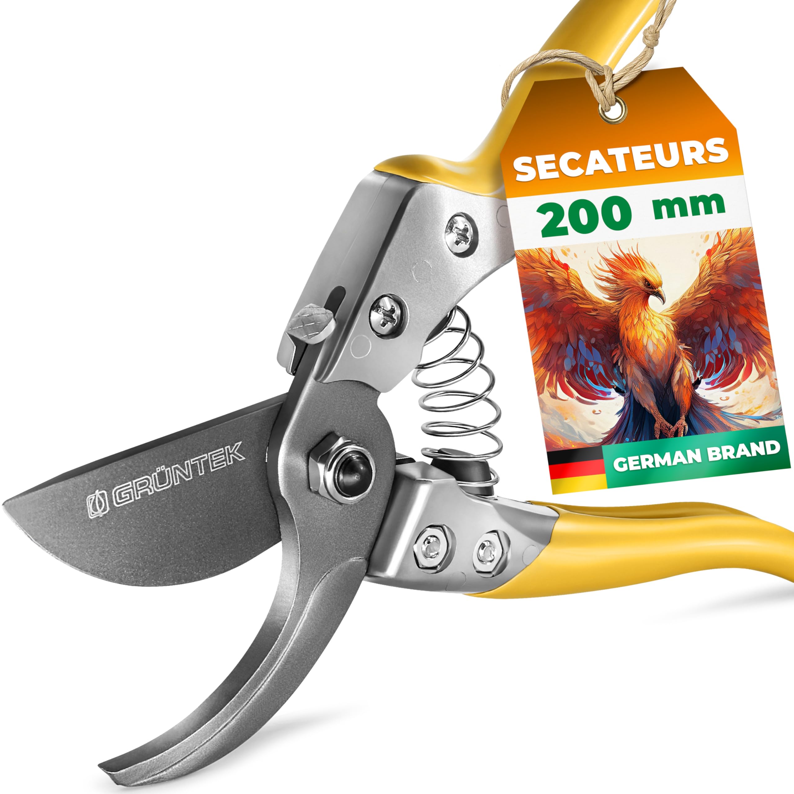 GRÜNTEK Phoenix Bypass Secateurs 18 mm Cut – SK5 Teflon-Coated 50 mm Blade, 200 mm – Ergonomic Garden Secateurs | Automatic Opening, Curved Soft-Grip Handles