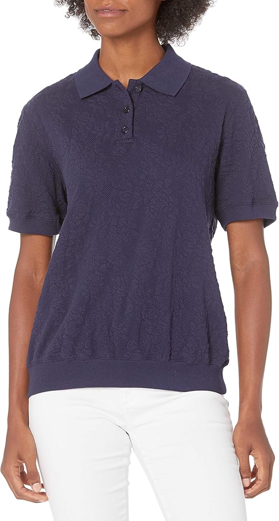 Alfred Dunner Womens Floral Jacquard Ribbed Trim Short Sleeve Knit Top