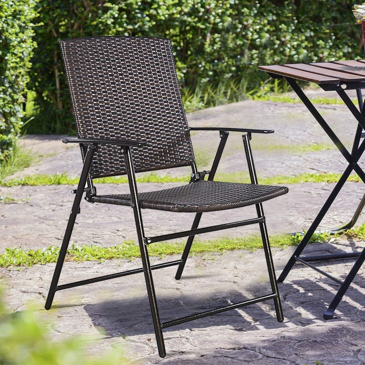 COSTWAY HW51584 P 4 PCS Folding Patio Outdoor Pool Lawn Portable Wicker Armrest & Footrest Durable Rattan Steel Frame Commercial Foldable Stackable Party Wedding Chair Set (24X23X, Mix Brown: Kitchen & Dining