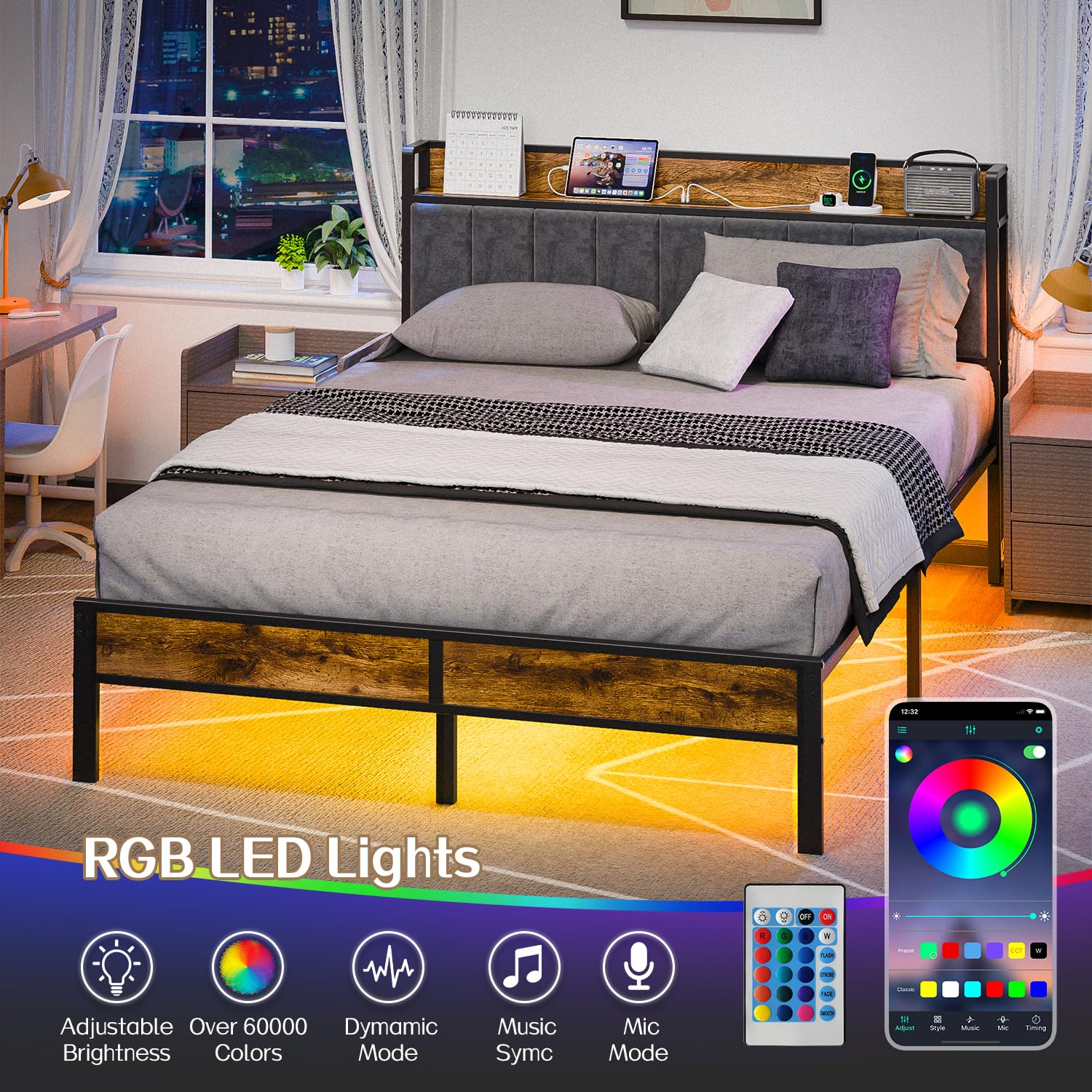 Liians Queen Bed Frame with Headboard, Metal Platform Bed with Smart LED Lights and USB Charging Station, Easy Assembly, No Box Spring Needed