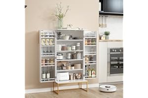 HOLTICO 46.5'' Accent Wood Kitchen Pantry with Doors, Pantry Storage Cabinet with Adjustable Shelves, Food Pantry Cabinet for Kitchen, Dining Room, Living Room and Garage, Metal Legs,White