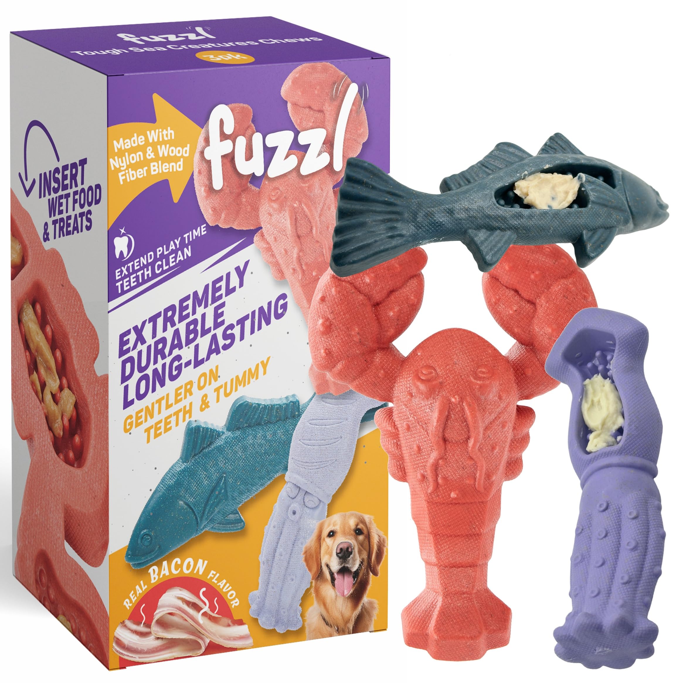 Fuzzl Tough Sea Creatures Treat Tough Dog Toy - Dog Treat Toys 3 Pack Including Lobster, Fish and Squid Durable Chew Play