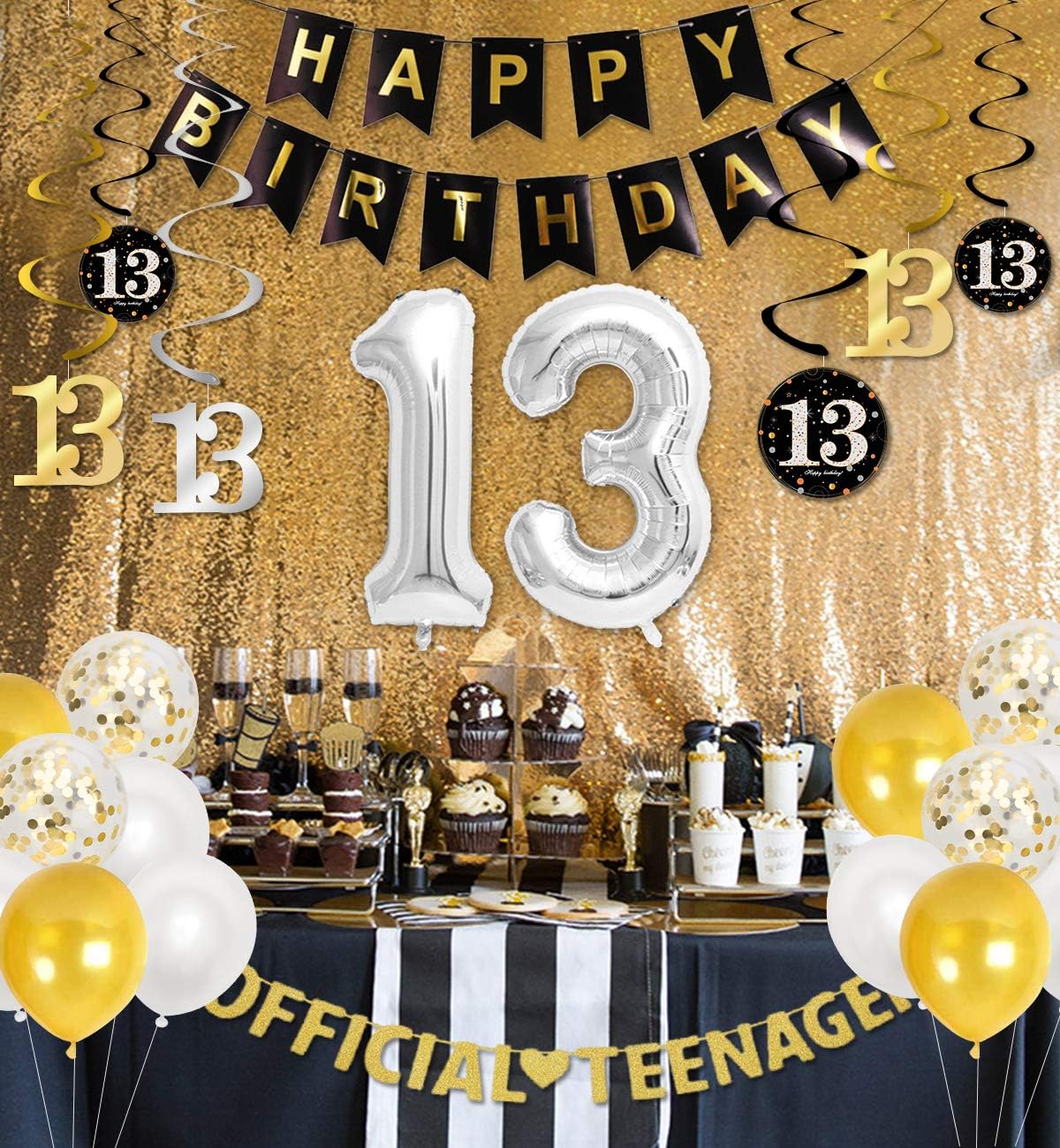 Kreatwow 13th Birthday Decorations for Boys Girls Black Gold Official Teenager Birthday Decorations 13th Birthday Balloon Teenager Banner Hanging Swirl 13 Foil Balloons - Image 3