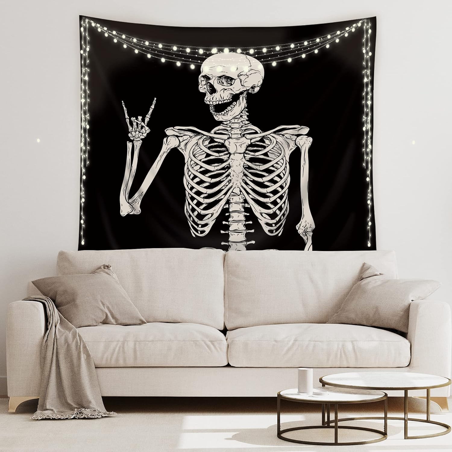 Tapestries - Riyidecor Skull Tapestry Wall Hanging 51Hx59W Inch Funny Skeleton Black and White Theme Home Decor for Men Women Gothic Hippie Halloween Bohemian Terror Rock and Roll Bedroom Living Room Dorm WW-SOKA