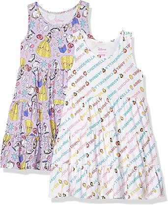 Spotted Zebra Disney | Marvel | Star Wars | Frozen Girls' Knit Sleeveless Tiered Dresses, Pack of 2, Purple/White, Princess Parade, X-Small