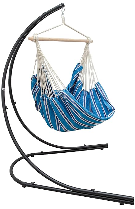 AMANKA freistehendes Hängestuhlgestell 210cm inkl. XXL Hängestuhl 185x130cm Baumwolle Hängesessel Blau Streifen Metall Gestel