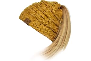 C.C BeanieTail Soft Stretch Cable Knit Messy High Bun Ponytail Beanie Hat