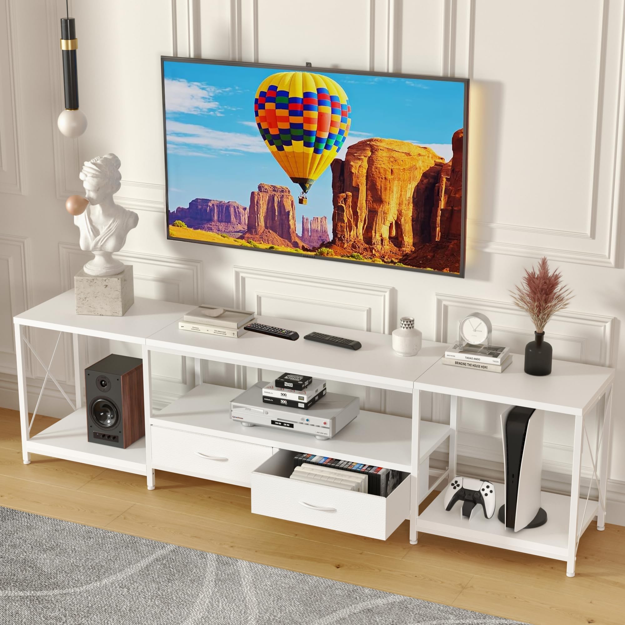 GYIIYUO TV Stand with Fabric Drawer for 65 70 75 Inches TV - Entertainment Center and Industrial TV Console Table with Open Storage Shelves for Living Room, Bedroom - 63" White Image