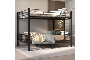 Mixcous Queen Over Queen Bunk Bed for Adults & Teens, Heavy Duty Metal Bunk Bed with EVA Anti-Slip Ladder & Full-Length Guardrails, Noise-Free Queen Bunk Bed Frame with Under-Bed Storage, Black