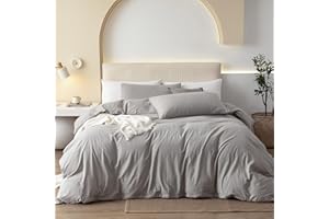 JIYUAN 100% Washed Cotton Duvet Cover Set Comfy Simple Style Soft Breathable Textured Durable Linen Feel Bedding for All Seasons Twin/Twin XL, Solid Pastel Grey