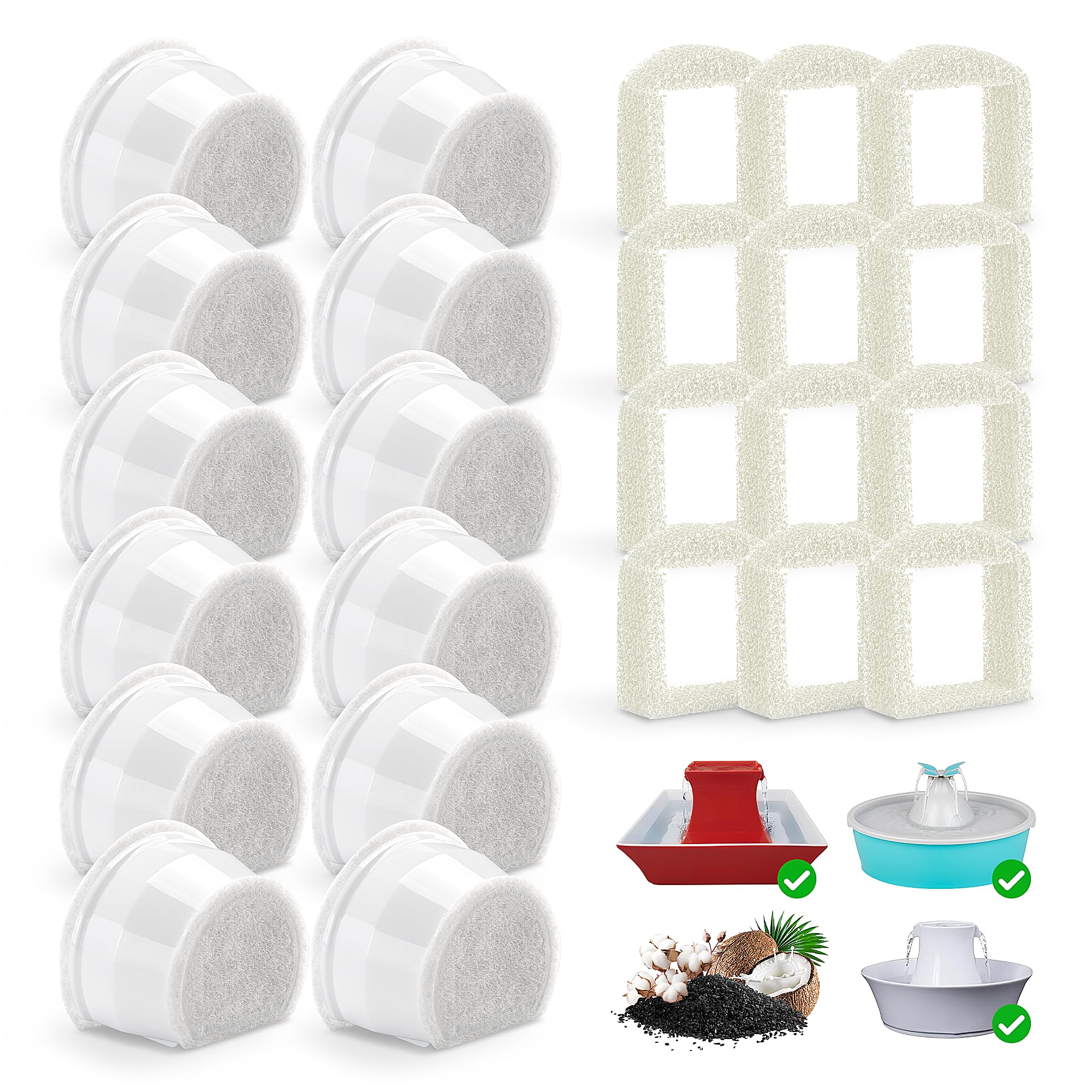 Cat Fountain Filters for PetSafe Drinkwell, 12 Pcs Replacement Carbon Filter Cat Drinking Fountain & 12 Pcs Foam Pre-Filter for Avalon Pagoda 2 Gallon Sedona Seascape Seaside