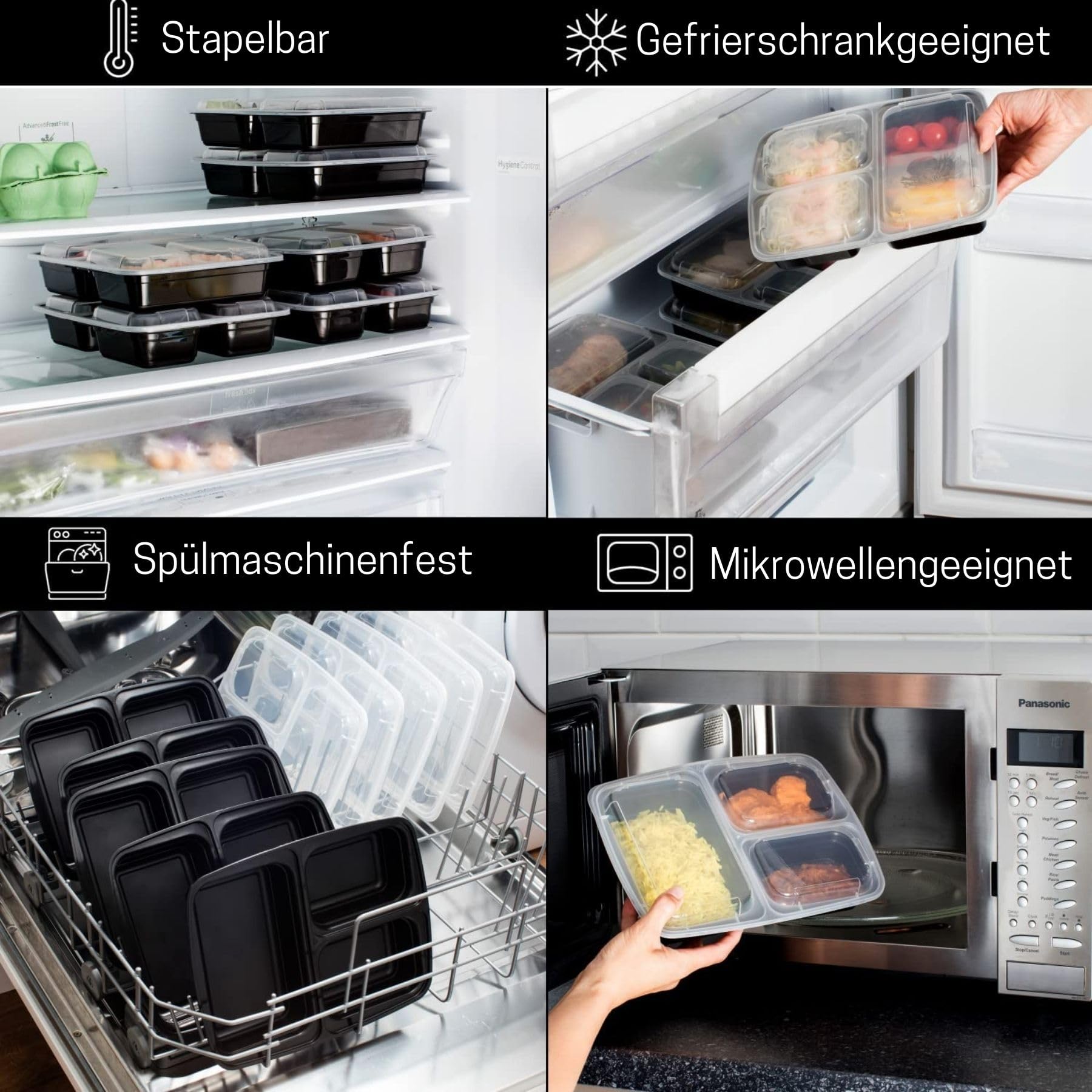 Igluu Meal Prep Boxen mit Deckel (10er-Pack) - wiederverwendbar, mikrowellen-, gefrier-, spülmaschinengeeignet, stapelbar - 946ml Fassungsvermögen - 3 großes Fach - aus BPA-freiem Kunststoff 5