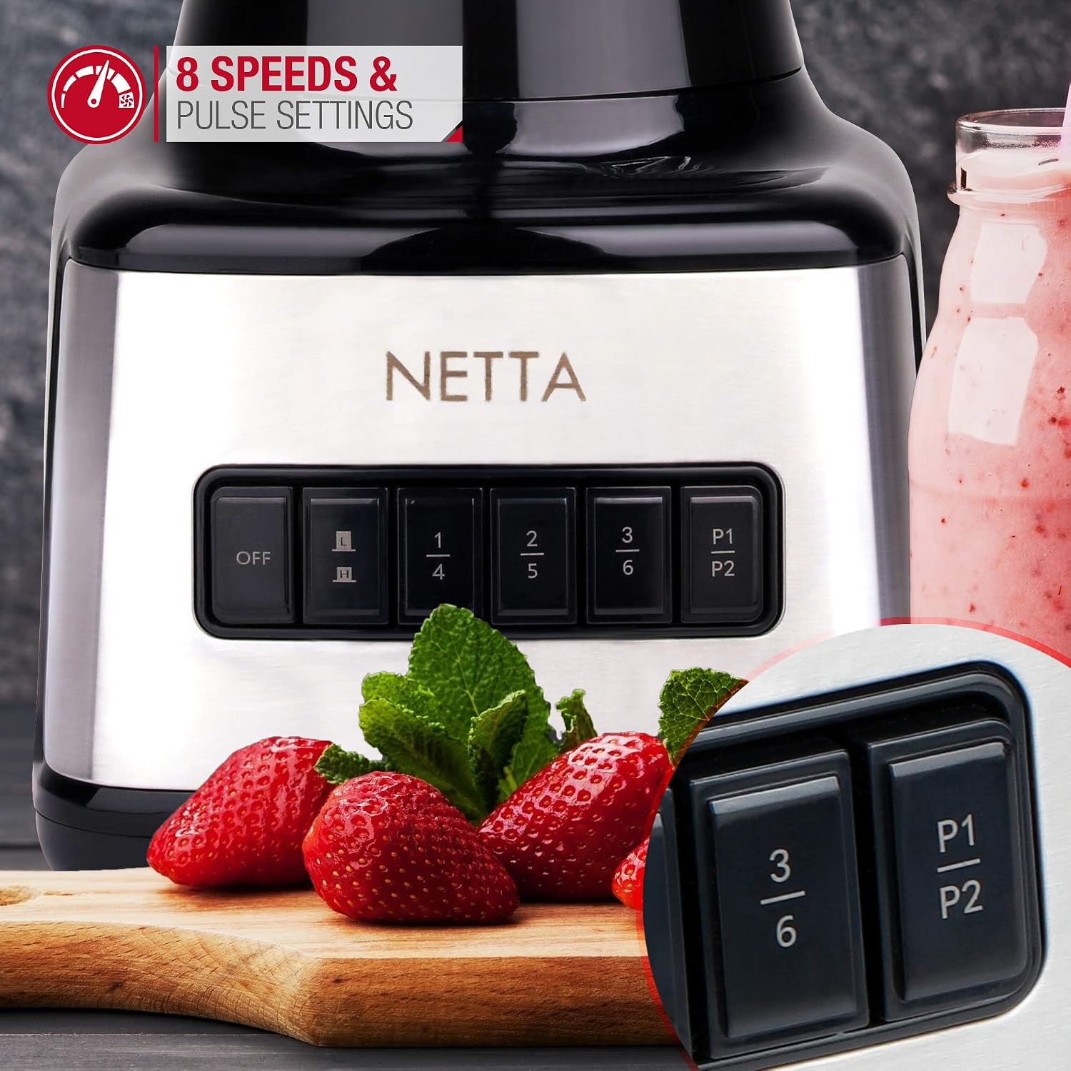 NETTA Table Blender & Smoothie Maker, 500W Electric Jug Mixer with 1.5L Glass Jug, 8 Speed Settings & Pulse Function - Image 4