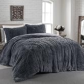 HOMBYS Oversized King Faux Fur Fluffy Comforter Set 120x120, 3 Piece Shaggy Plush Velvet Bedding Thick Comforter with Shams, Extra Soft and Warm