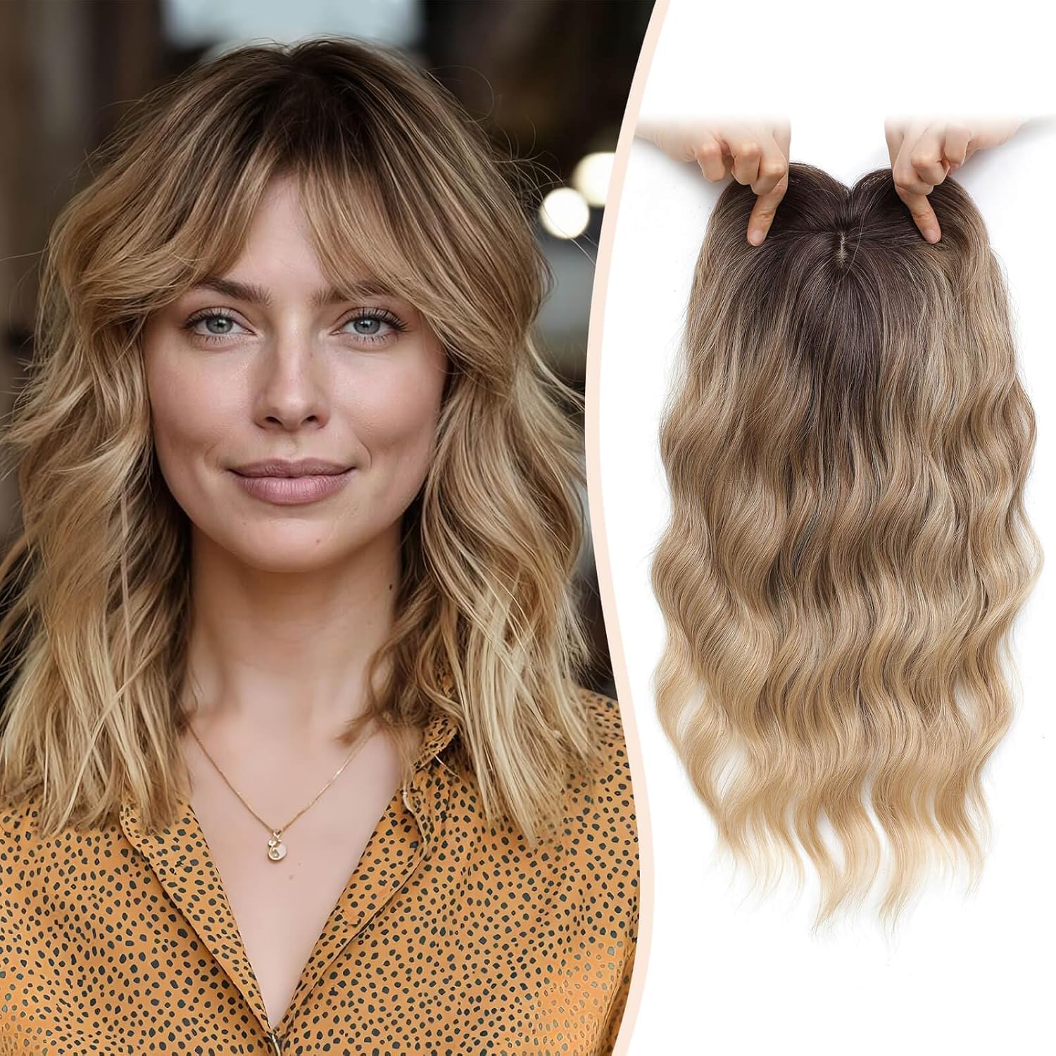 Flyroseing Hair Topper, 6.5x6.5" Large Base Hair Toppers with Fringe 14 Inch Ombre Dark Blonde Wavy Synthetic Wiglets Hairpieces for Women Daily/Vacation